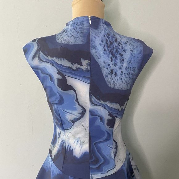 cameo Blue Marble Daydreaming Mini Dress Fit & Flare Cap Sleeves Mock Neck Small - Picture 8 of 12